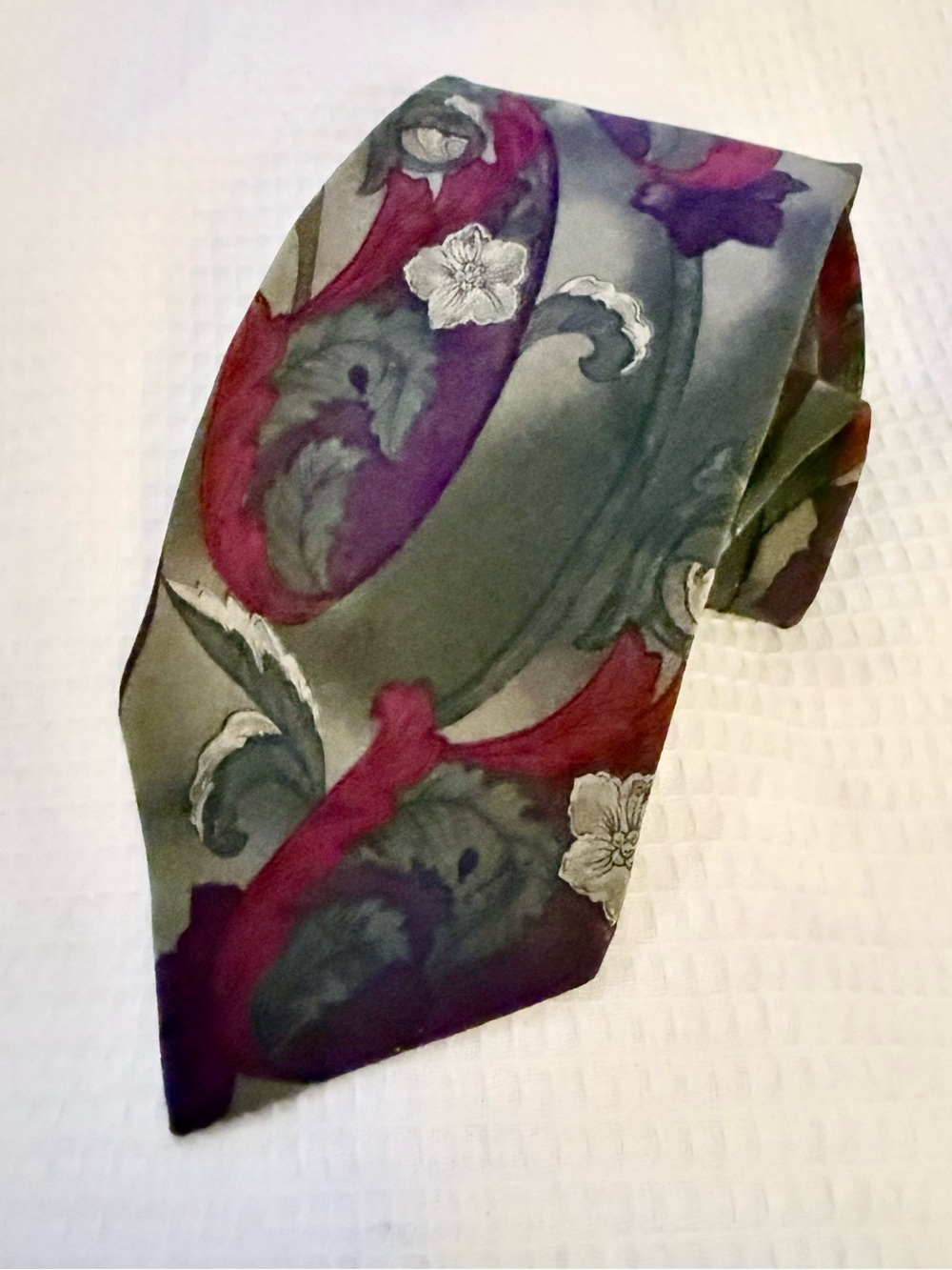 Karl Lagerfeld Vintage Olive Green and Burgundy Paisley & Floral Silk Tie